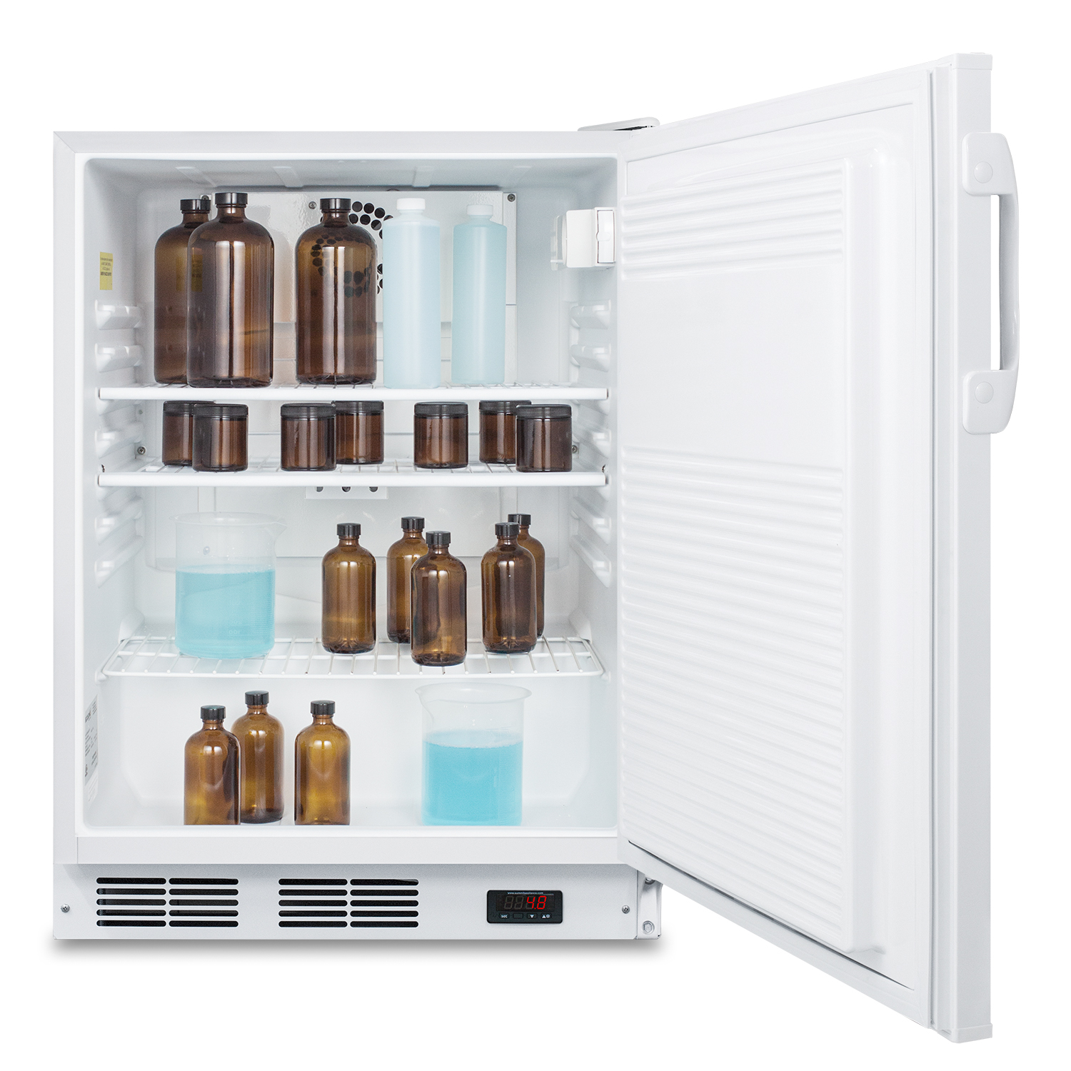 ADA compliant built-in undercounter all-refrigerator for general purpose and commercial use, with lock, auto defrost operation, internal fan, digital thermostat, and white exterior